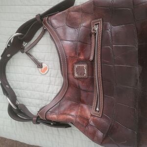 Brown Croc Embossed Leather Shoulder Bag